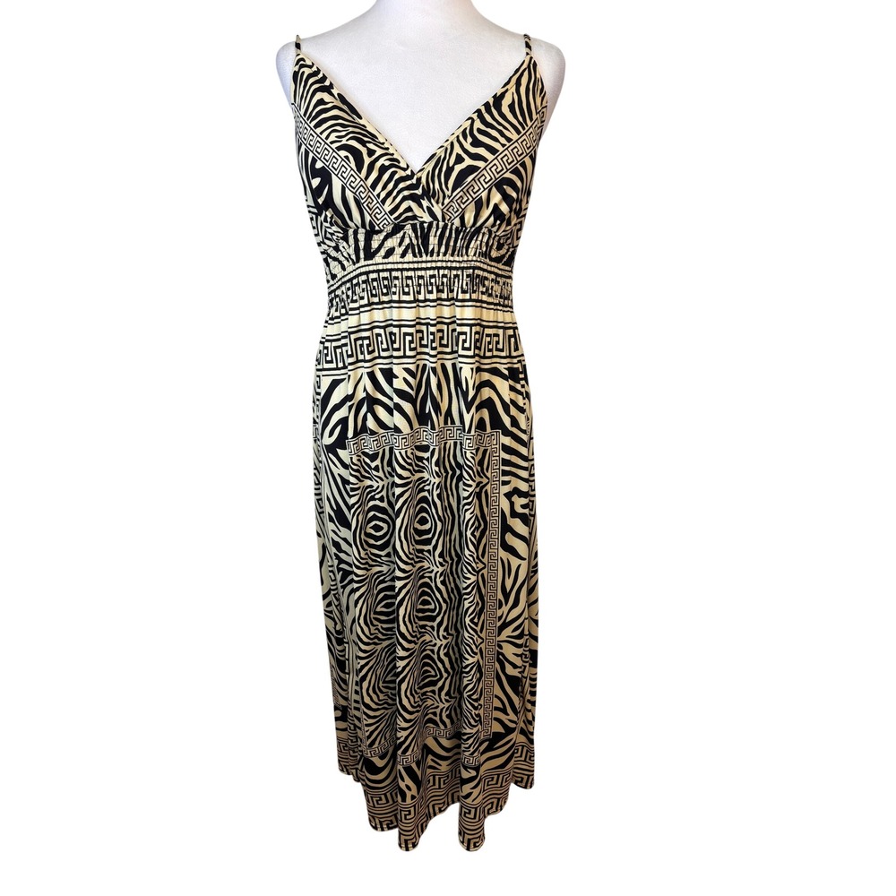 Women's Maxi Dress XL Tan Black Zebra Greek‎ Key Print Boho Stretchy Neutral